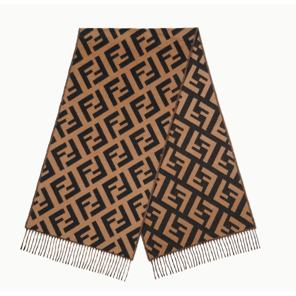 Fendi Zucca FF Logo Scarf Brown Black‎ Cashmere Silk Blend Fringe Trim 65x25